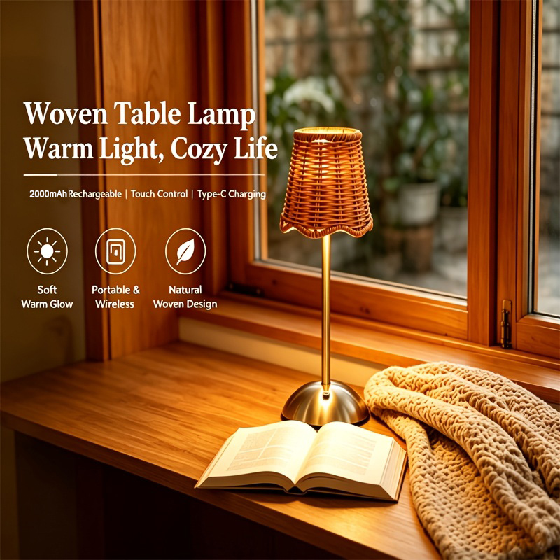 Lighting Decor For Home - مصباح طاولة فني من الروطان المنسوج
