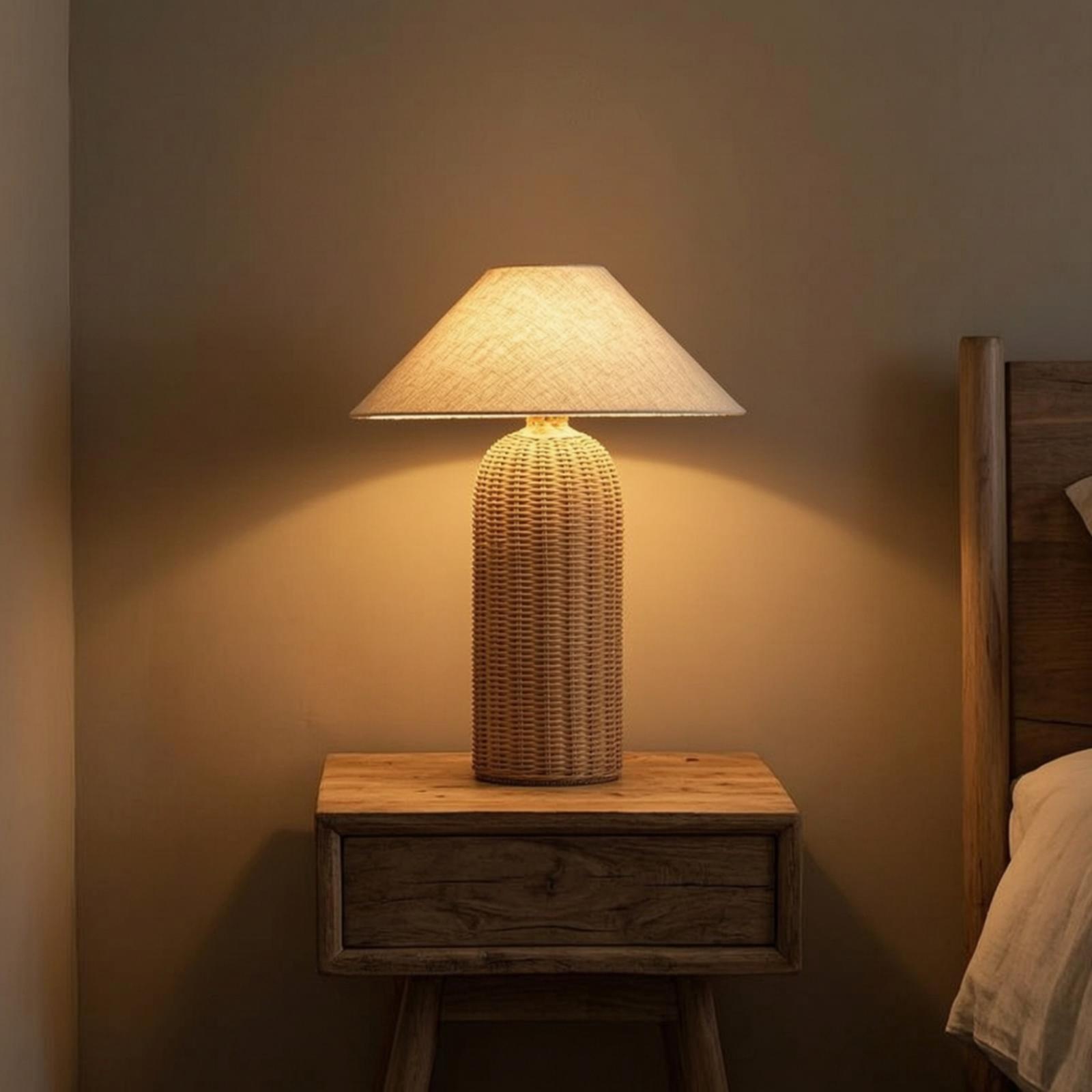 Lighting Decor For Bedroom - مصباح طاولة جانبي بقاعدة من الروطان