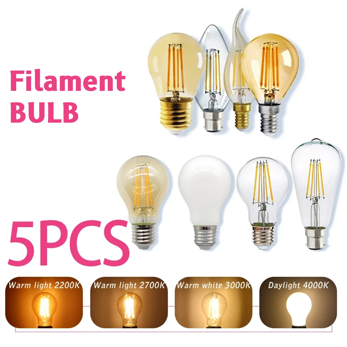 Vintage Lighting Decor - 5 قطع مصابيح إديسون كلاسيكية E27